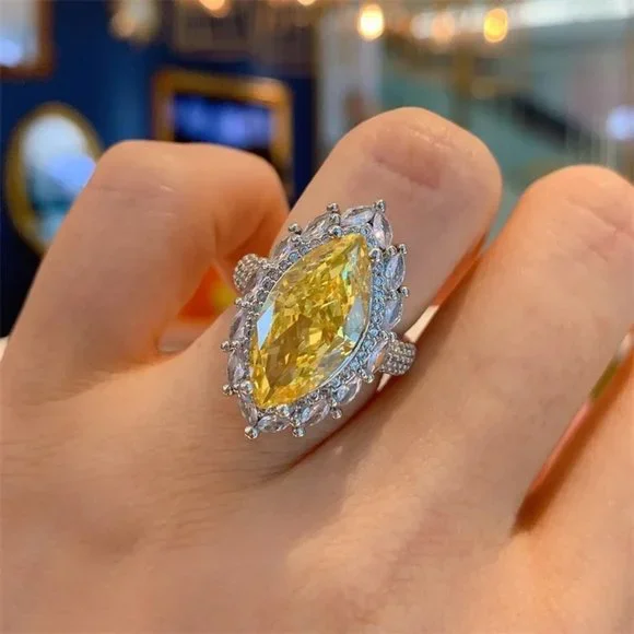 New 925 Silver Marquise Cut Yellow CZ Vintage Ring - Picture 1 of 6